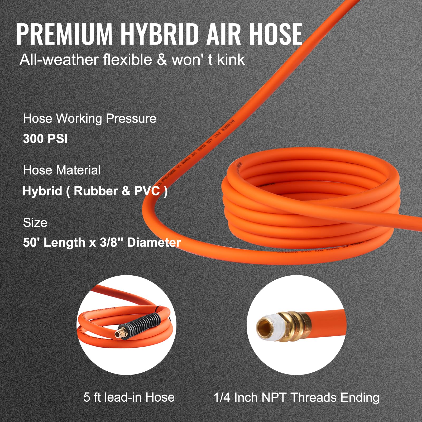 VEVOR Retractable Air Hose Reel, 3/8 in x 50 FT Hybrid Air Hose Max 300PSI, Air Compressor Hose Reel with 5 ft Lead in, Ceiling/Wall Mount Enclosed Air Reel, 180° Swivel Mount VEVOR