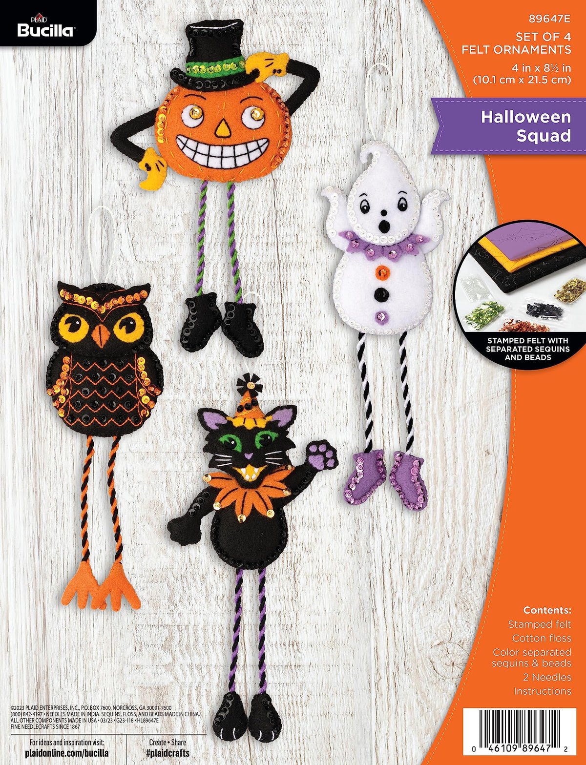 Kit de 4 ornements en feutrine à appliquer Bucilla, Halloween Squad, parfait pour les loisirs créatifs et le point de croix d'Halloween, 89647E