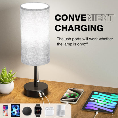 Grey Bedside Lamp for Bedroom Set of 2 - Nightstand Table Lamp with USB A + C Charging Port, 3 Color Temperatures Pull Chain Night Stand Light with Bulb, Side Table Desk Reading Lamp for Living Room - Available at All In One Marketplace Canada