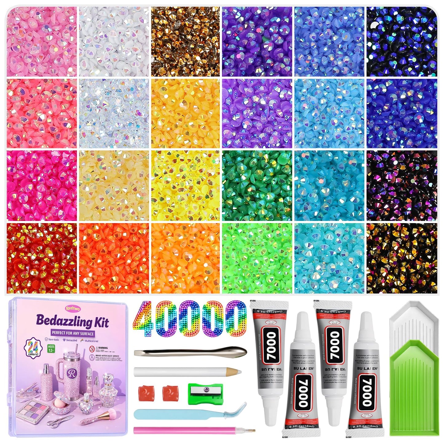 Redtwo 40000Pcs Resin Jelly Rhinestones for Bedazzling, 24 Colors 3mm Flatback Rhinestones, Bedazzling Kit with 4Pcs Jewelry Glue and Tools, Bedazzler Kit for Crafting Book Clothes Makeup Shoes