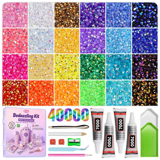 Redtwo 40000Pcs Resin Jelly Rhinestones for Bedazzling, 24 Colors 3mm Flatback Rhinestones, Bedazzling Kit with 4Pcs Jewelry Glue and Tools, Bedazzler Kit for Crafting Book Clothes Makeup Shoes