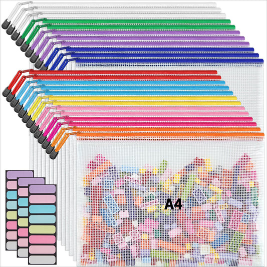 JARLINK 24 Pack 10 Colors Zipper Mesh Document Pouch, A4 Letter Size Mesh Bags for Board Games & Puzzles, Waterproof Document Zipper Pouches for Office School Supplies, Toys, Cosmetics Travel Storage