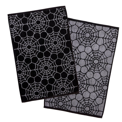 SKL Home Ensemble de 2 serviettes à main Halloween, motif toile d'araignée, 100 % coton jacquard, réversibles, douces et absorbantes, décoratives pour salle de bain/cuisine/bar et cadeau, noir