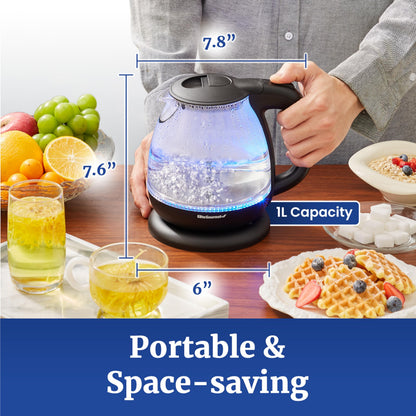 Elite Gourmet EKT1001B Electric BPA-Free Glass Kettle, Cordless 360° Base, Stylish Blue LED Interior, Handy Auto Shut-Off Function – Quickly Boil Water for Tea & More, 1L, Graphite Black
