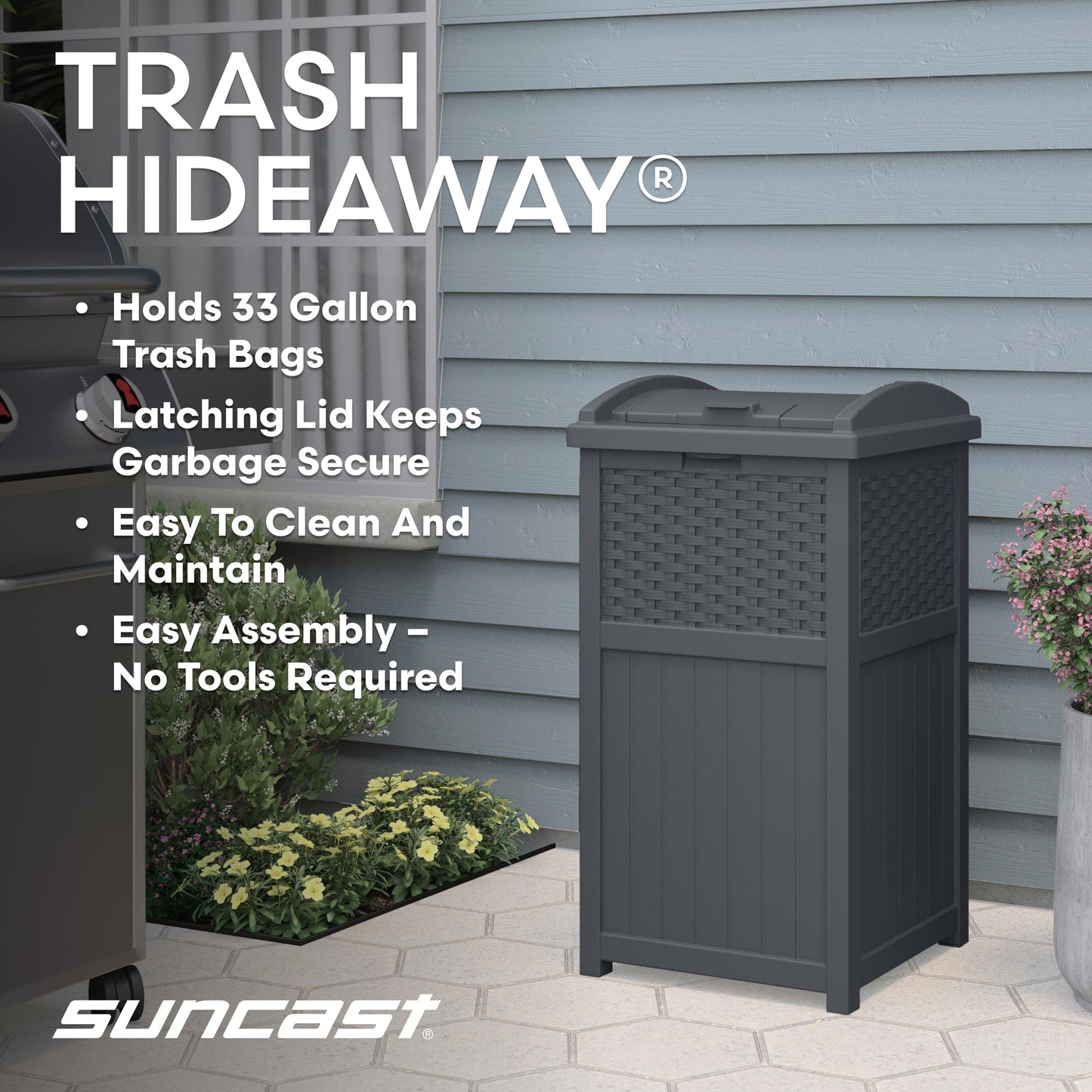 Suncast 33 Gallon Wicker-Style Hideaway Trash Can with Secure Latching Lid and Weather-Resistant Construction for Patio, Cyberspace Grey, Made in the USA Suncast
