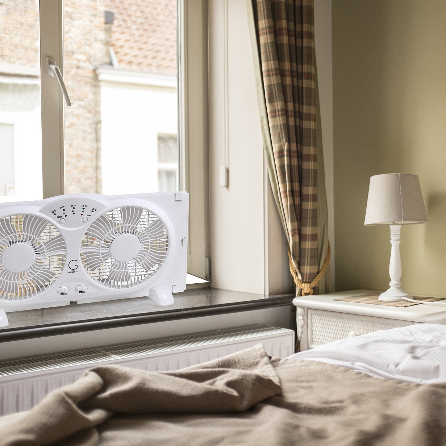 Genesis Twin Fan High Velocity Reversible AirFlow Fan, LED Indicator Lights Adjustable Thermostat & Max Cool Technology, ETL Certified, White (A1WINDOWFAN) Genesis
