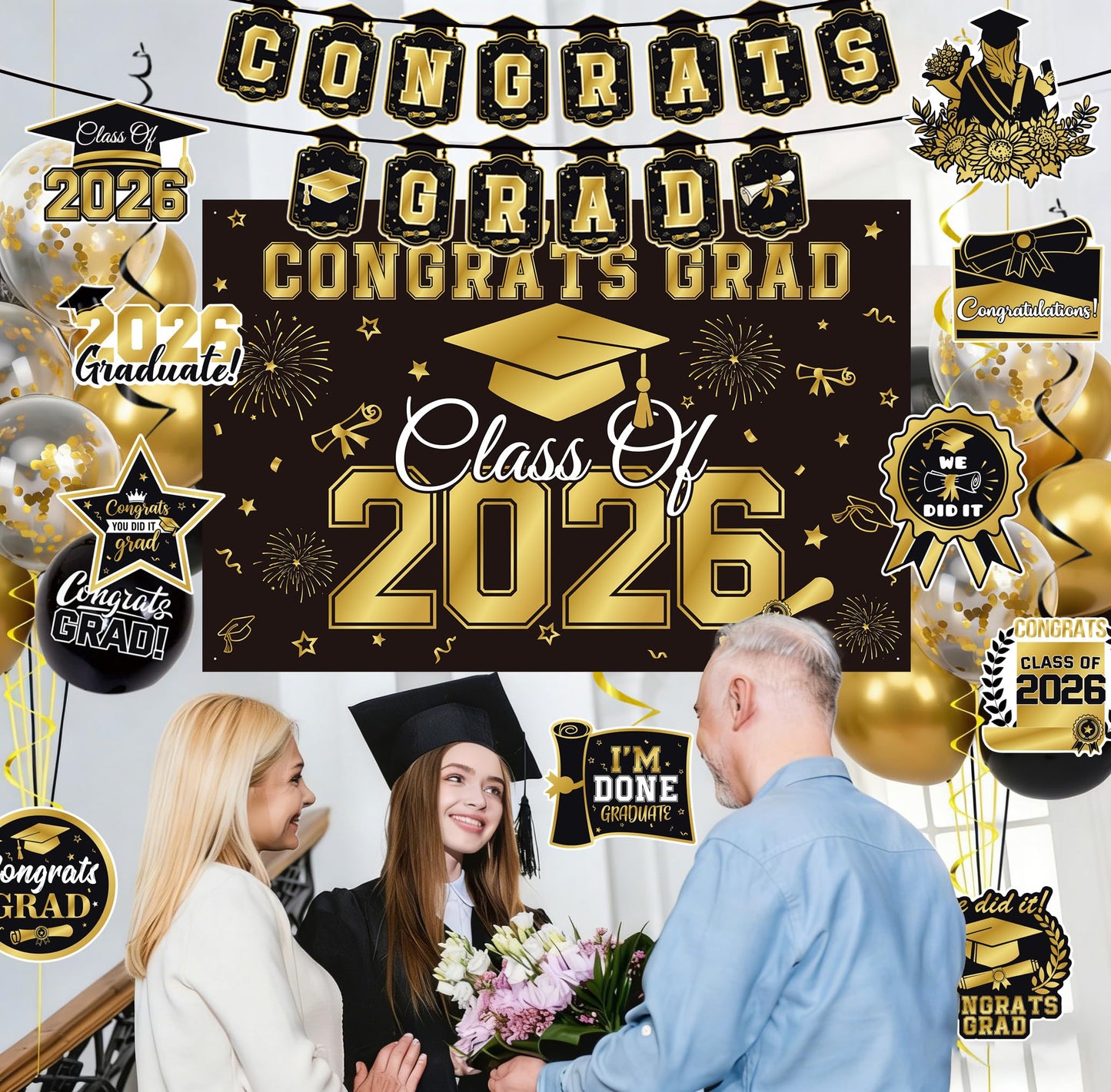 Graduation Decorations 2026 Black Gold 35PCS, Pre-Strung Congrats Grad Banner, Class of 2026 Backdrop, Balloons, Hanging Swirls, Graduation Party Decorations,PRE-ASSEMBLED - Available at All In One Marketplace Canada