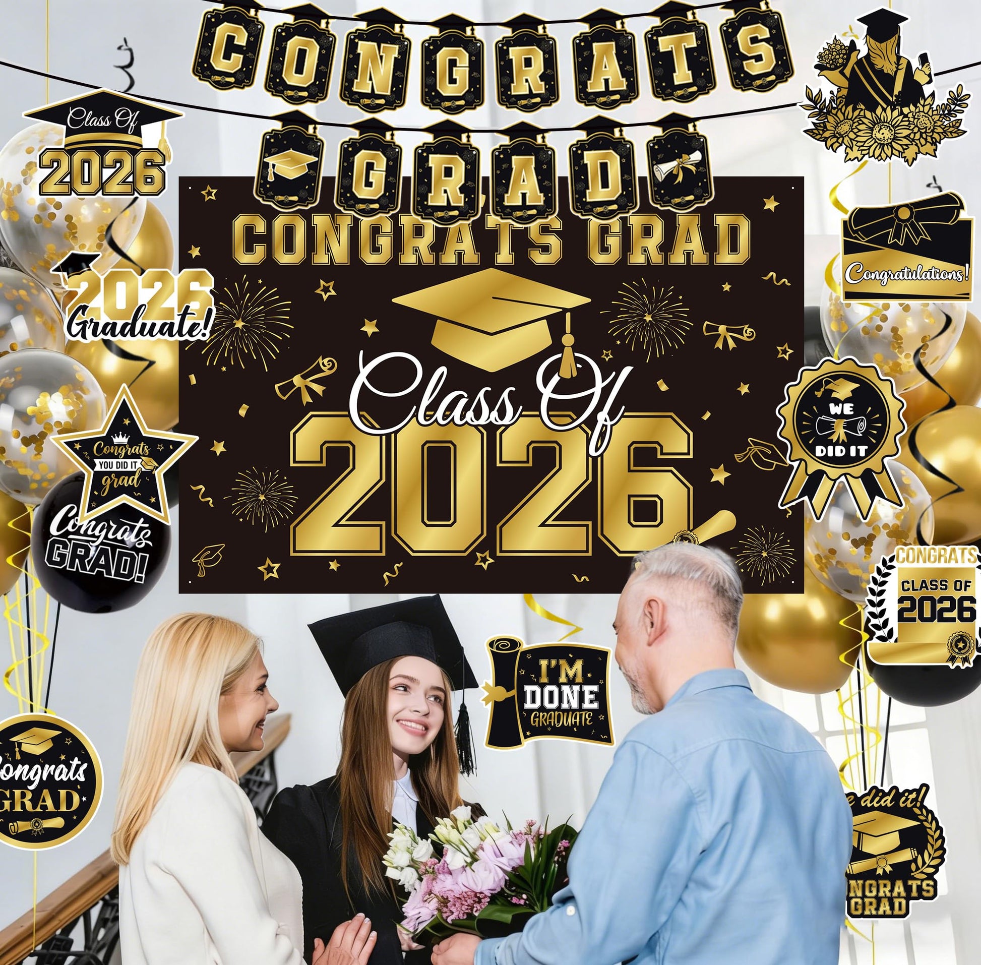 Graduation Decorations 2026 Black Gold 35PCS, Pre-Strung Congrats Grad Banner, Class of 2026 Backdrop, Balloons, Hanging Swirls, Graduation Party Decorations,PRE-ASSEMBLED - Available at All In One Marketplace Canada