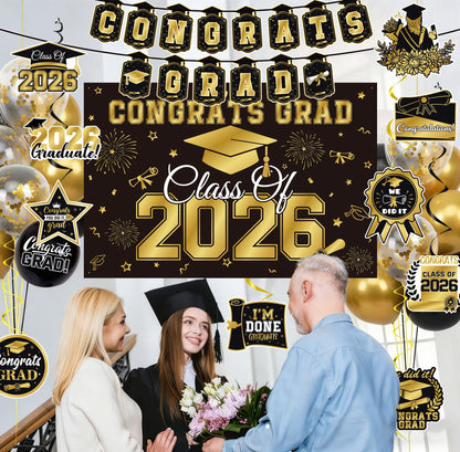 Graduation Decorations 2026 Black Gold 35PCS, Pre-Strung Congrats Grad Banner, Class of 2026 Backdrop, Balloons, Hanging Swirls, Graduation Party Decorations,PRE-ASSEMBLED - Available at All In One Marketplace Canada