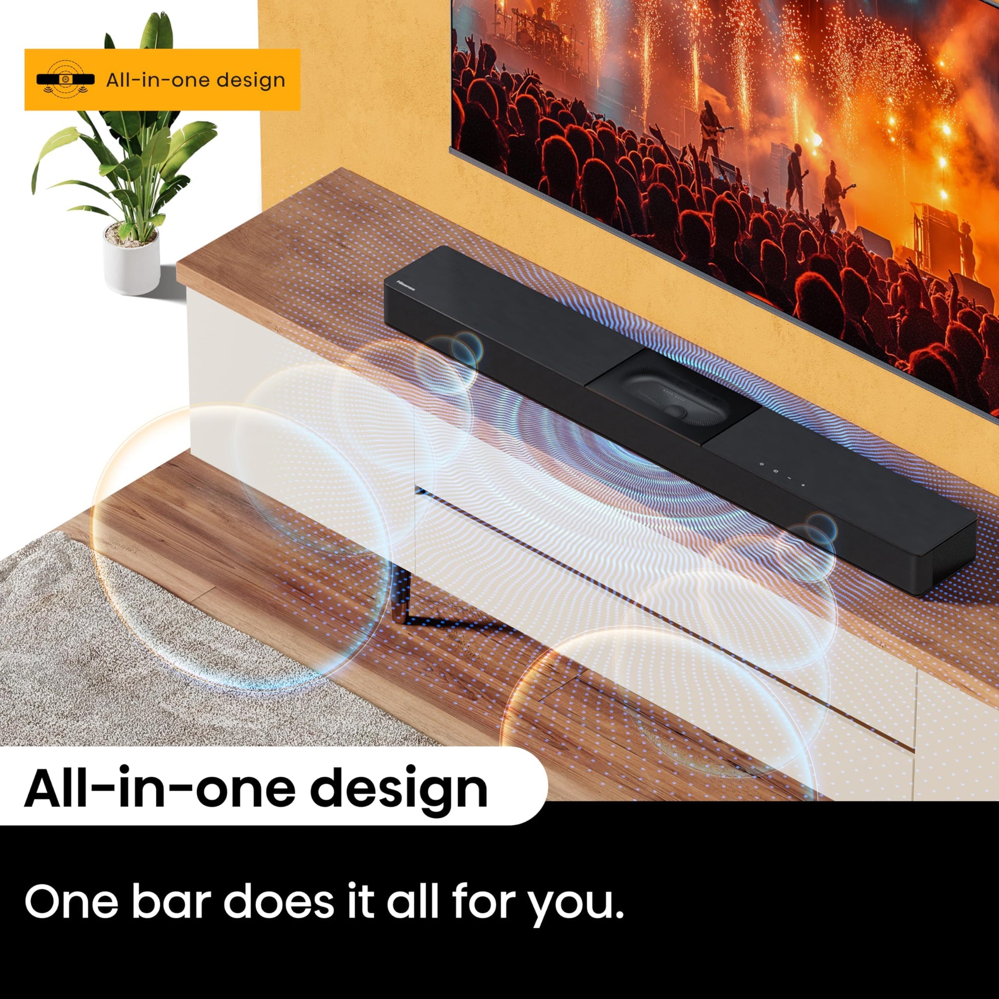 Hisense A620-2.1ch All-in-one Soundbar with 4.75 inch Built-in Visualised Subwoofer, 240W Max Audio Power, Compact Design with 5.3 Wireless Bluetooth, Powered by DTS Virtual:X, Roku TV Ready Hisense