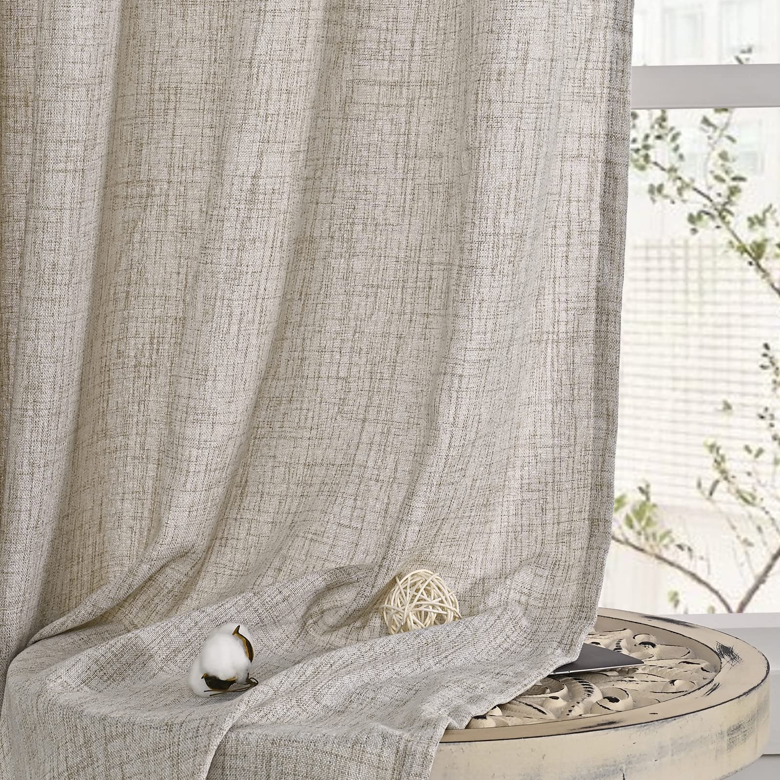 YoungsTex Natural Linen Curtains 84 Inch Long for Living Room Bedroom Grommet Top Light Filtering Privacy Linen Textured Window Semi Sheer Drapes, 2 Panels, 52x84 Inch, Natural