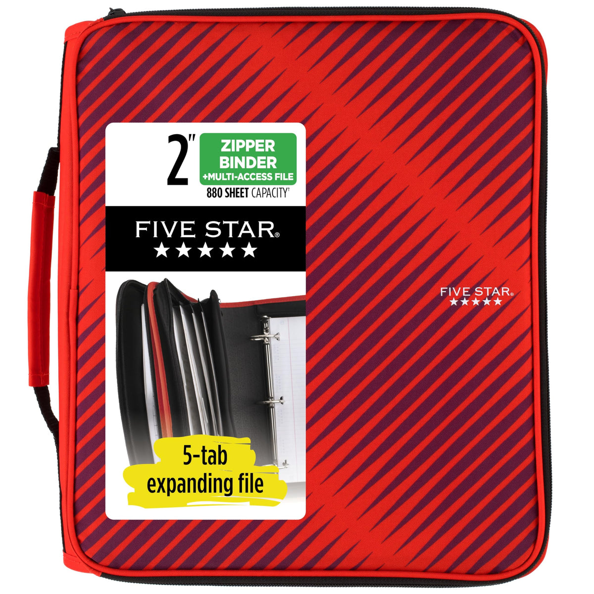 Five Star 2" Durable Zipper Binder, Includes 6 Pocket Expanding File, Red (72538)