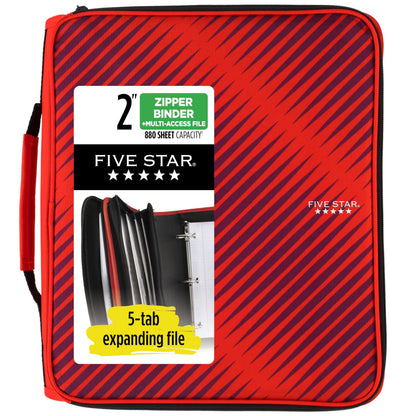 Five Star 2" Durable Zipper Binder, Includes 6 Pocket Expanding File, Red (72538)