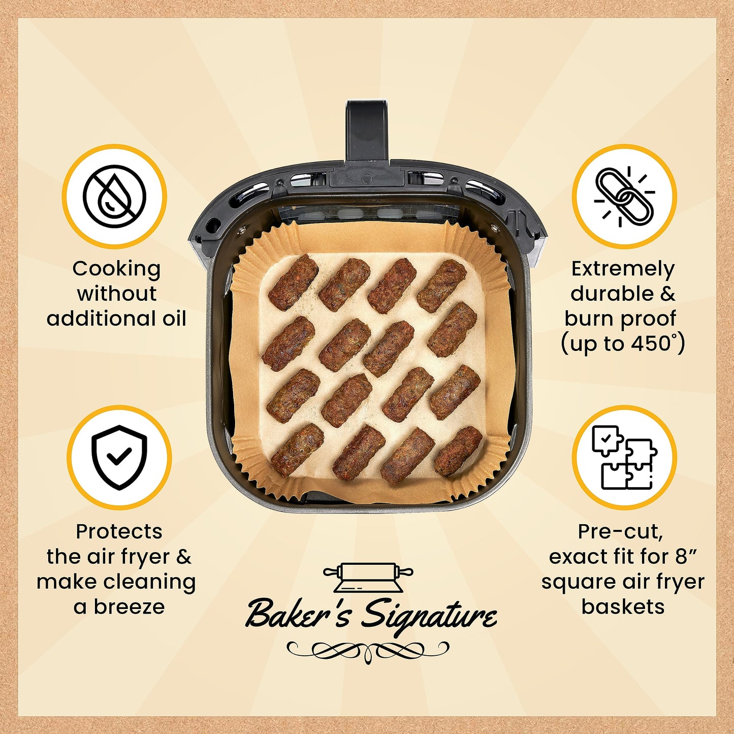 Air Fryer Liners, 125Pcs Disposable Parchment Paper Liners – Non-Stick and Oil Proof for Easy Cleanup – 8” Square for 5-8 qt Basket by Baker's Signature