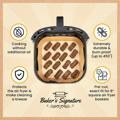 Air Fryer Liners, 125Pcs Disposable Parchment Paper Liners – Non-Stick and Oil Proof for Easy Cleanup – 8” Square for 5-8 qt Basket by Baker's Signature