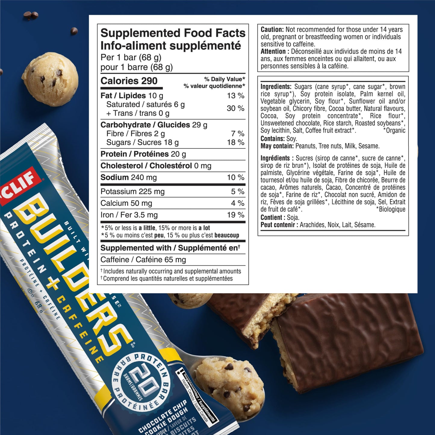 CLIF BUILDERS Protein Bars – Chocolate Chip Cookie Dough, 20g Plant Protein, Gluten Free, Non-GMO, Made in Canada, 68g Bar (Pack of 12)