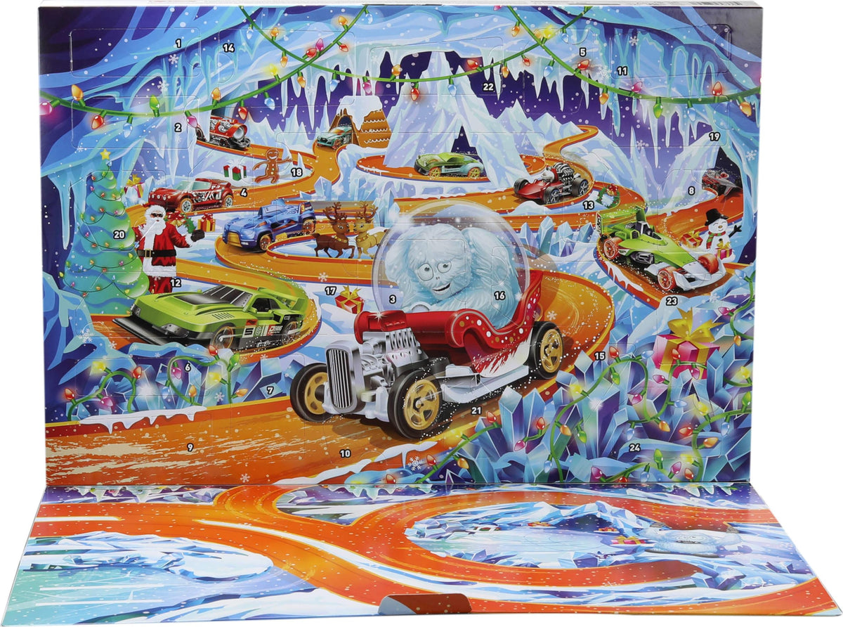 Hot Wheels Toy Cars & Playset, 2026 Advent Calendar with 10 Vehicles in 1:64 Scale, 14 Winter-Themed Accessories & 10 Ornament Clips