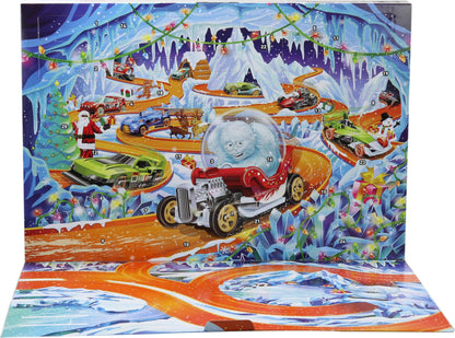 Hot Wheels Toy Cars & Playset, 2026 Advent Calendar with 10 Vehicles in 1:64 Scale, 14 Winter-Themed Accessories & 10 Ornament Clips
