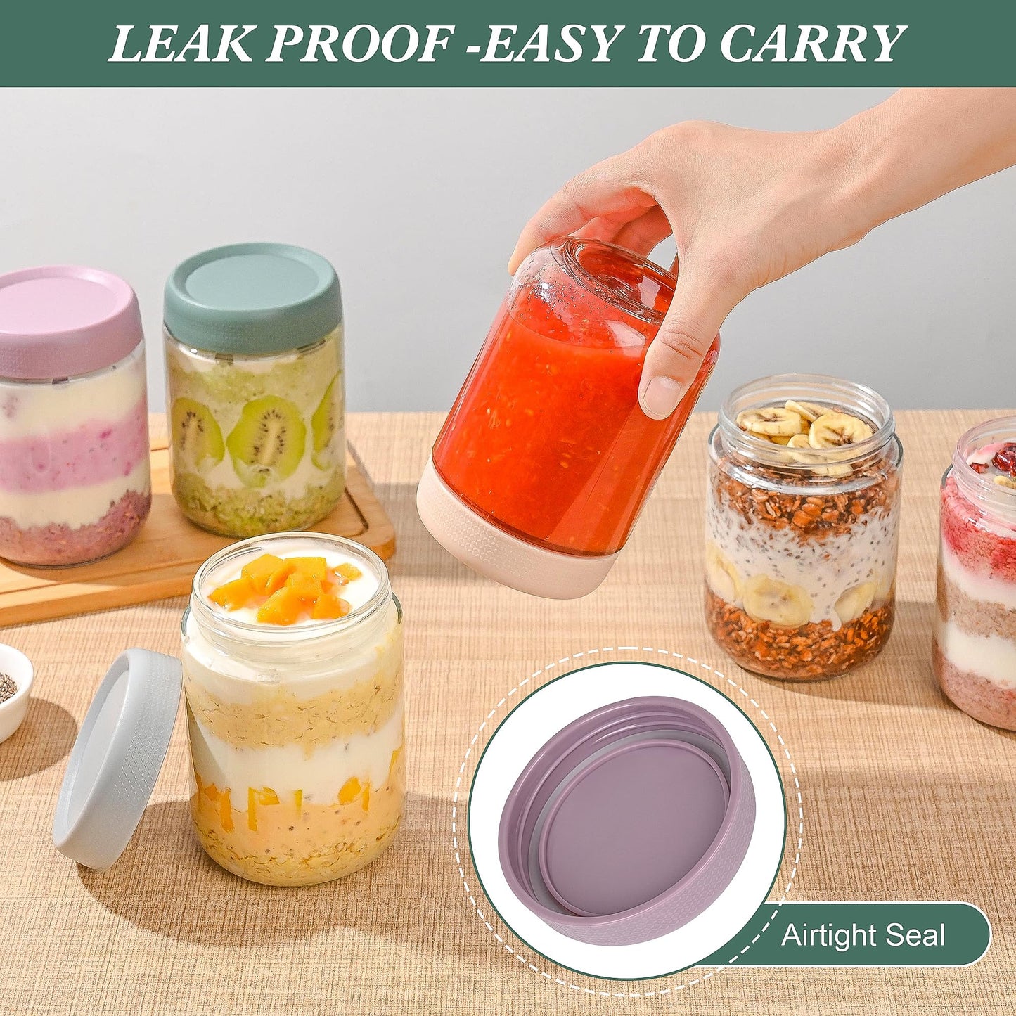 Xileanalee Overnight Oats Containers with Lids 6 Pack-16 Oz Mason Jar with Lids-Overnight Oats Jars Glass Food Storage Containers for Chia Seed Pudding Salad Cereal Coffee Spices - Available at All In One Marketplace Canada