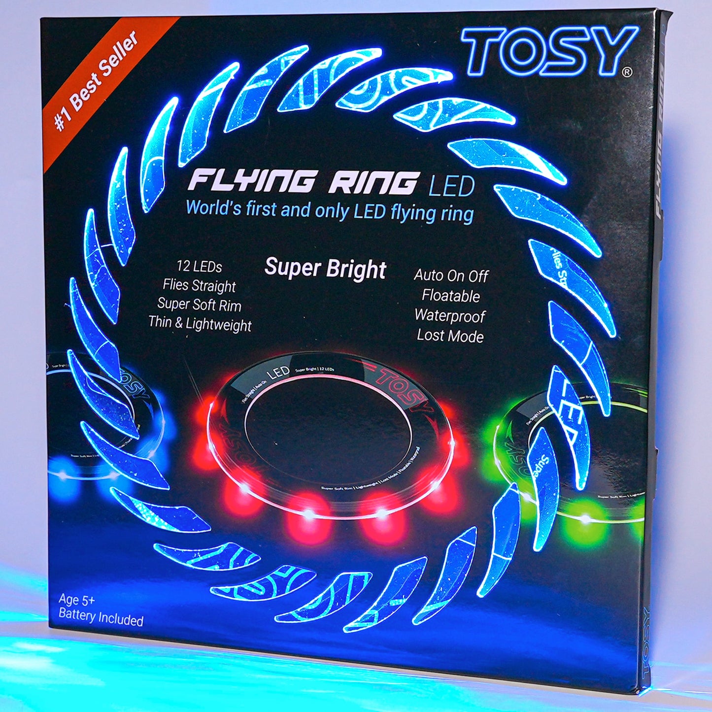 TOSY Flying Ring - 12 Monocolor LEDs, Super Bright, Lost Mode, Auto Light Up, Birthday Gift for Kid/Teen/Boy/Girl, Safe, Waterproof, Pool/Beach/Camping Toy (Blue)