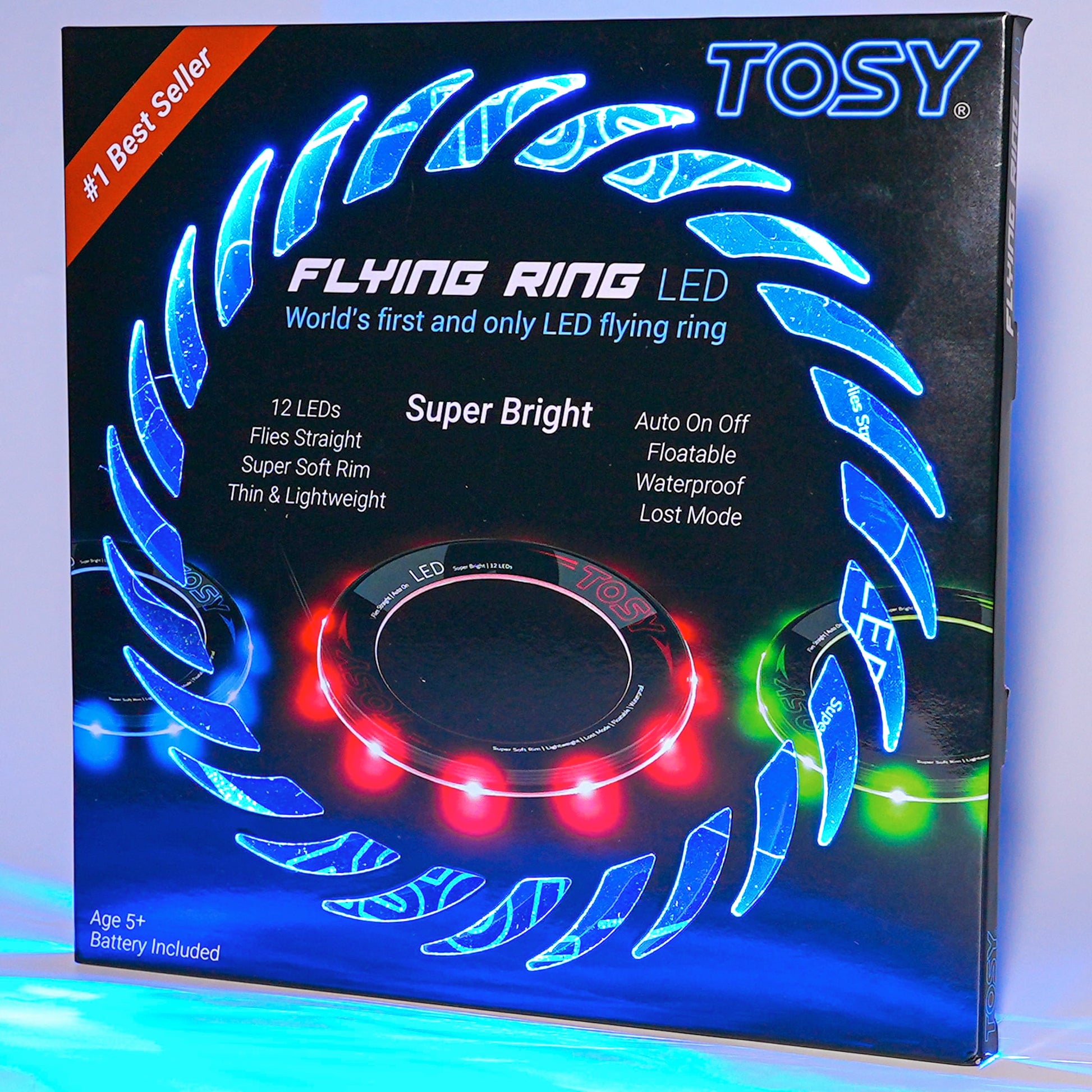 TOSY Flying Ring - 12 Monocolor LEDs, Super Bright, Lost Mode, Auto Light Up, Birthday Gift for Kid/Teen/Boy/Girl, Safe, Waterproof, Pool/Beach/Camping Toy (Blue)