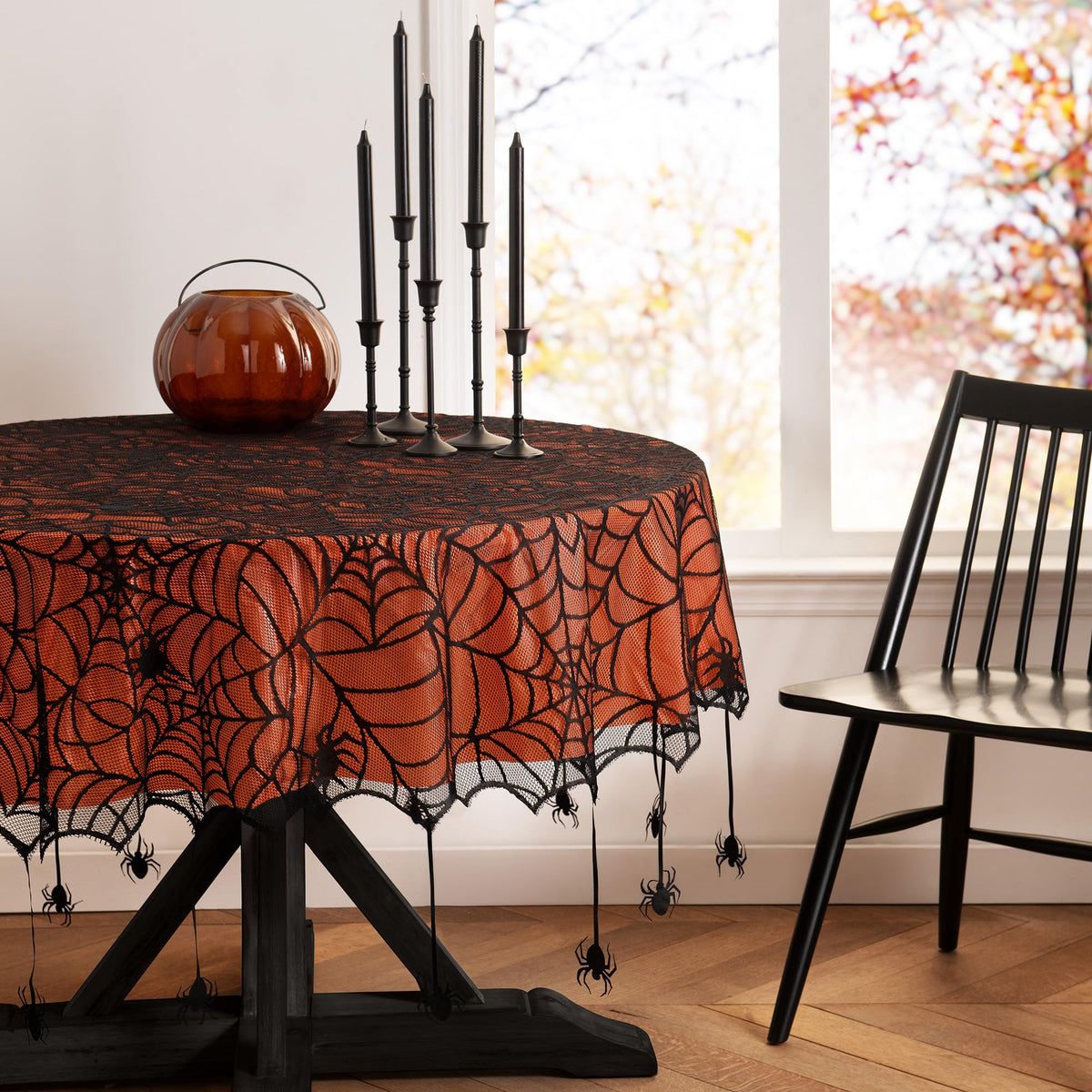 Elrene Home Fashions Crawling Halloween Spider Lace Lined Tablecloth, 70" Round, Black/Orange