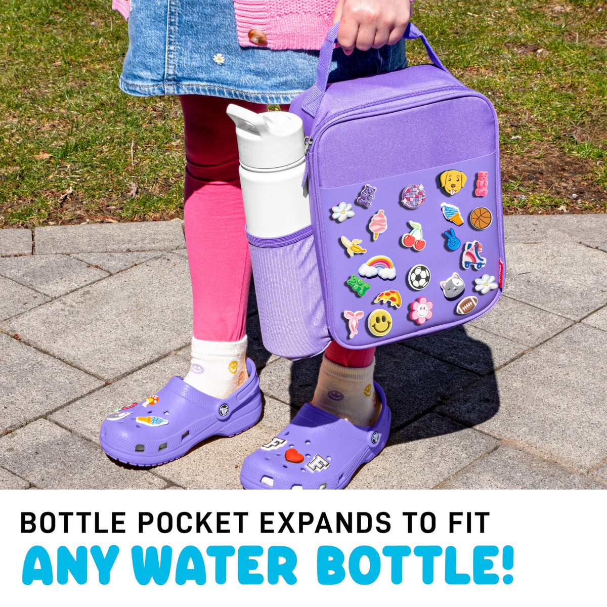 Fit & Fresh Charm Lunch Bag for Kids, Thermal Insulated Lunch Box for Kids Boys & Girls with Shoe Charm Slots for Personalization, School Lunch Box, Purple