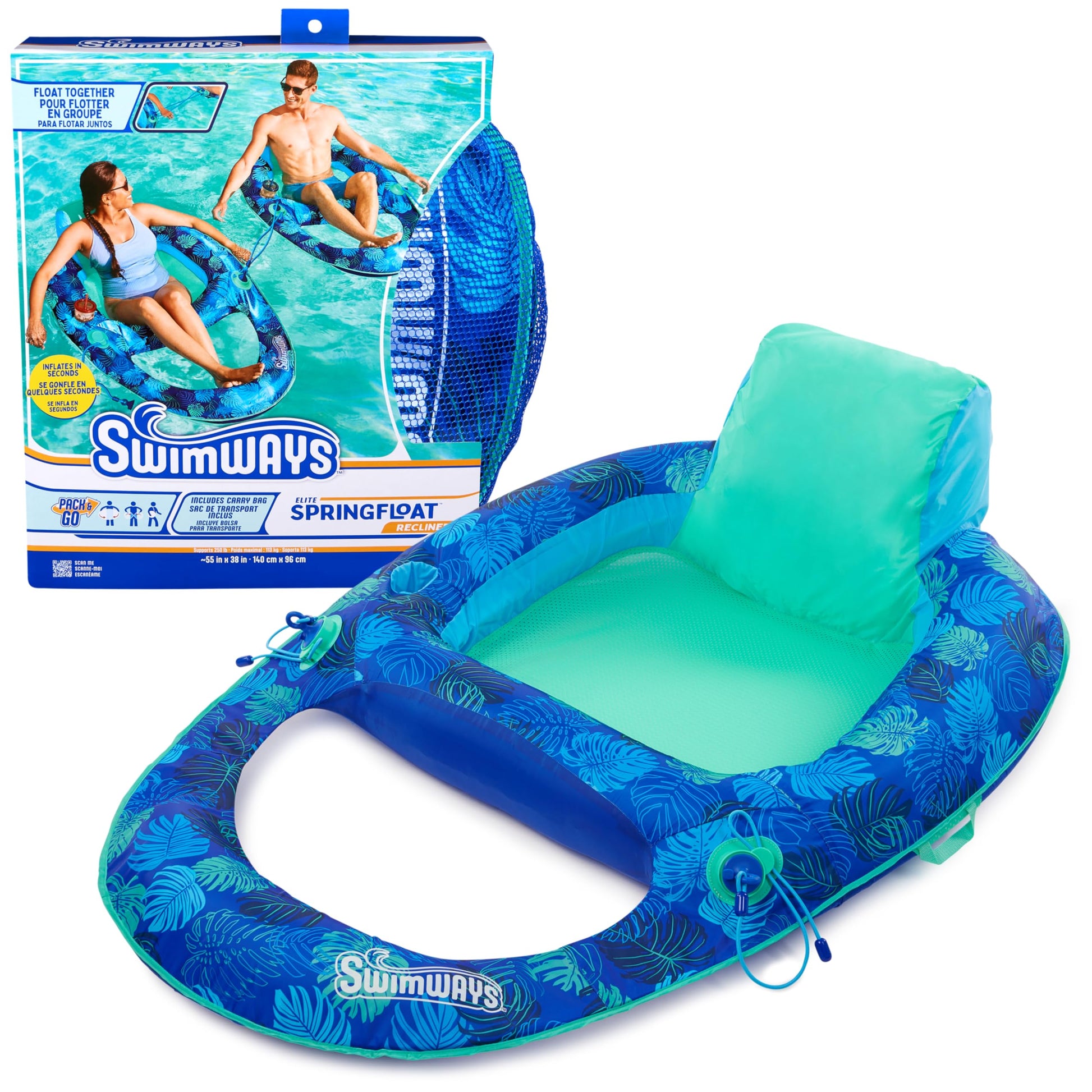 Swimways Elite Spring Float Recliner Pool Lounger, Inflatable Pool Floats Adult with Fast Inflation, Pool Recliner for Adults up to 250 lbs SwimWays