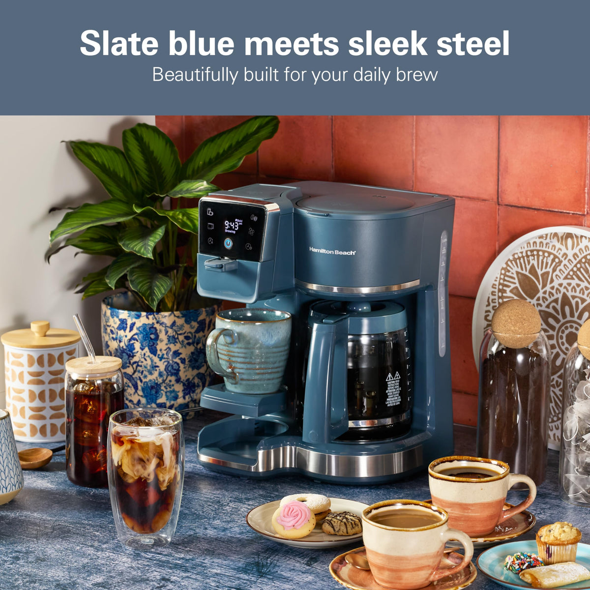 Hamilton Beach 2-Way Programmable Iced/Hot Coffee Maker, Single-Serve and 12 Cup Glass Carafe, LED Screen, Kitchen Makeover Blue, 47502J