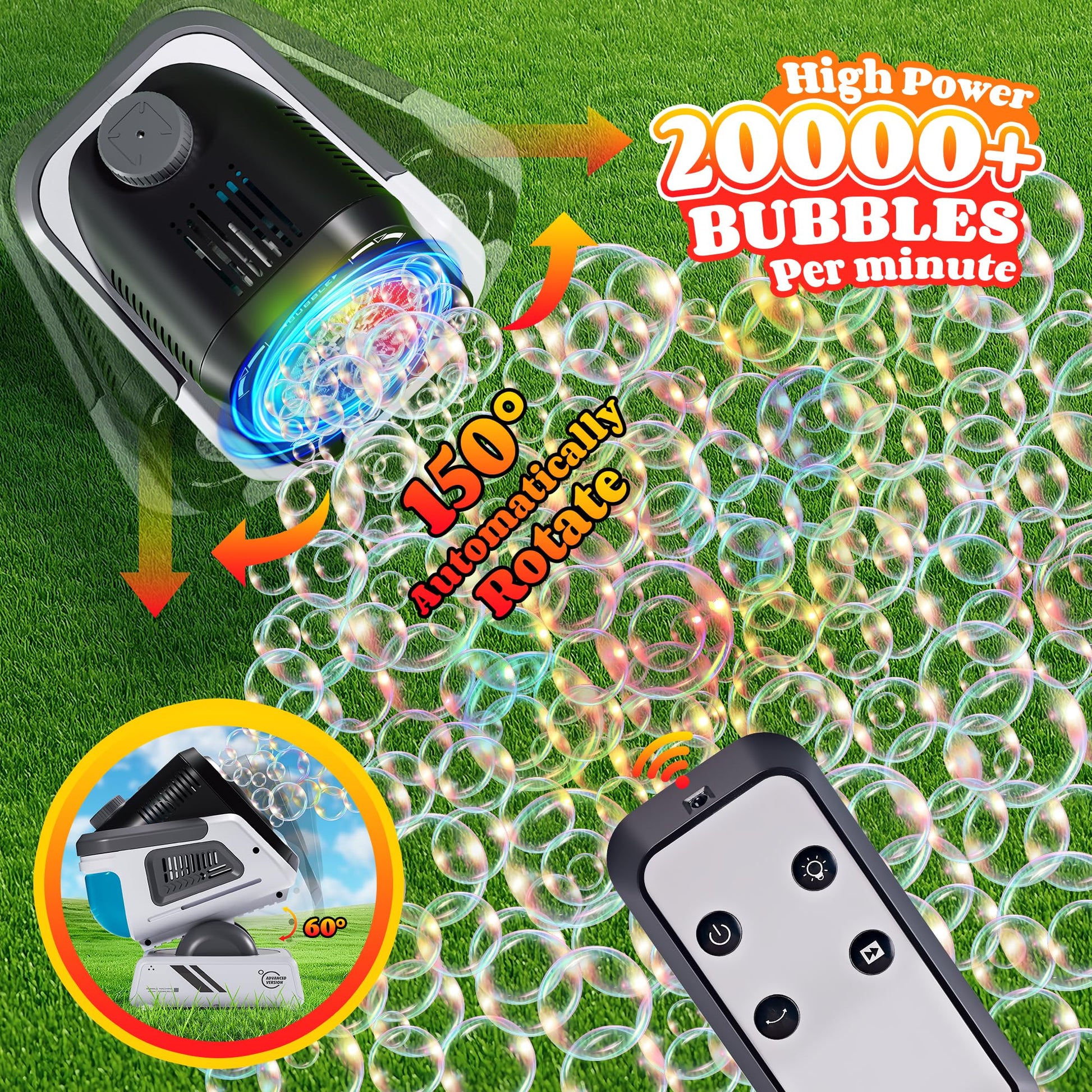Upgraded Bubble Machine with Remote Control, Automatic Rotation & RGB Lights, 1800mAh Rechargeable, Type-C Charge, Bubble Maker for Kids, Weddings, Birthday Parties, Outdoor Activities
