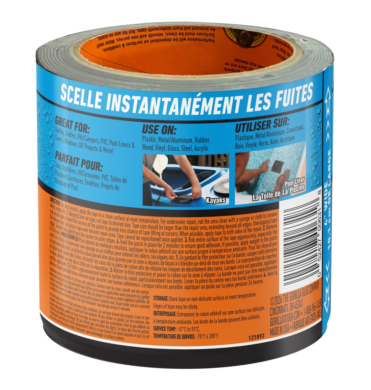 Gorilla Waterproof Patch & Seal Tape, Heavy-Duty, Instantly Seals, Works Underwater, Indoor/Outdoor, Flexible Permanent Bond, 4 in x 10 ft, Black, 1 Pack