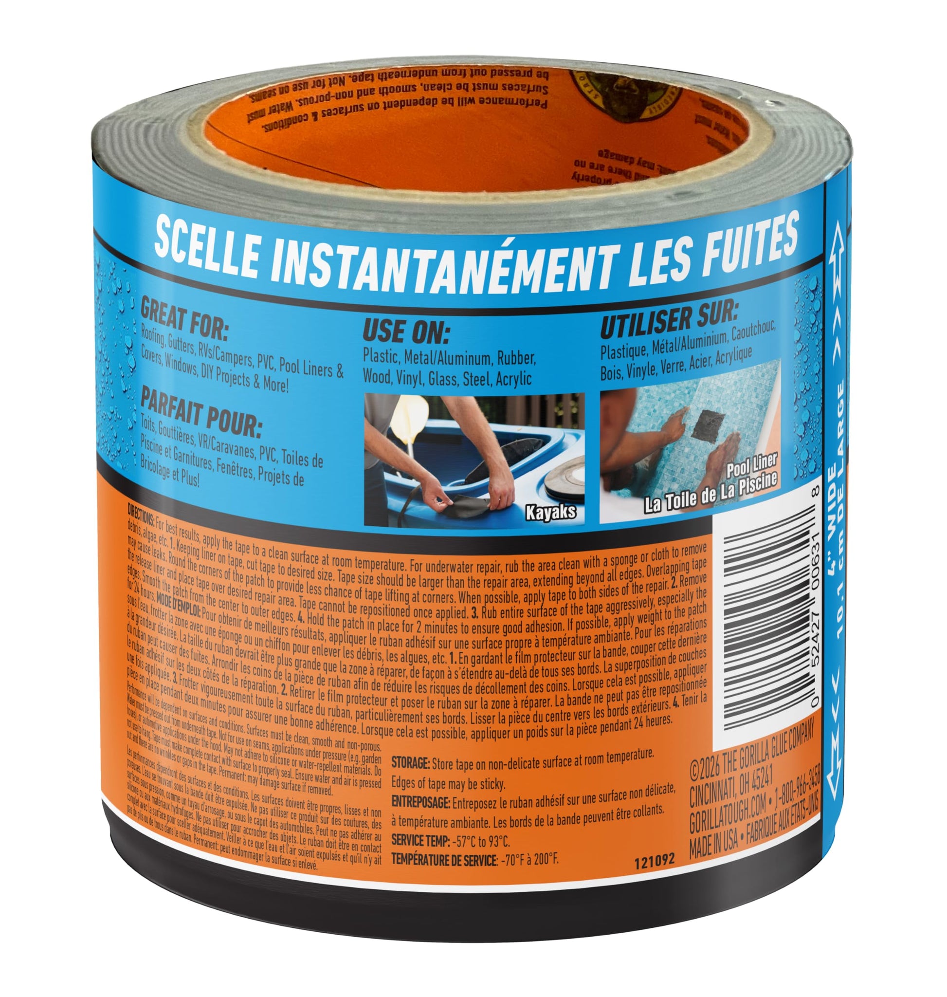 Gorilla Waterproof Patch & Seal Tape, Heavy-Duty, Instantly Seals, Works Underwater, Indoor/Outdoor, Flexible Permanent Bond, 4 in x 10 ft, Black, 1 Pack