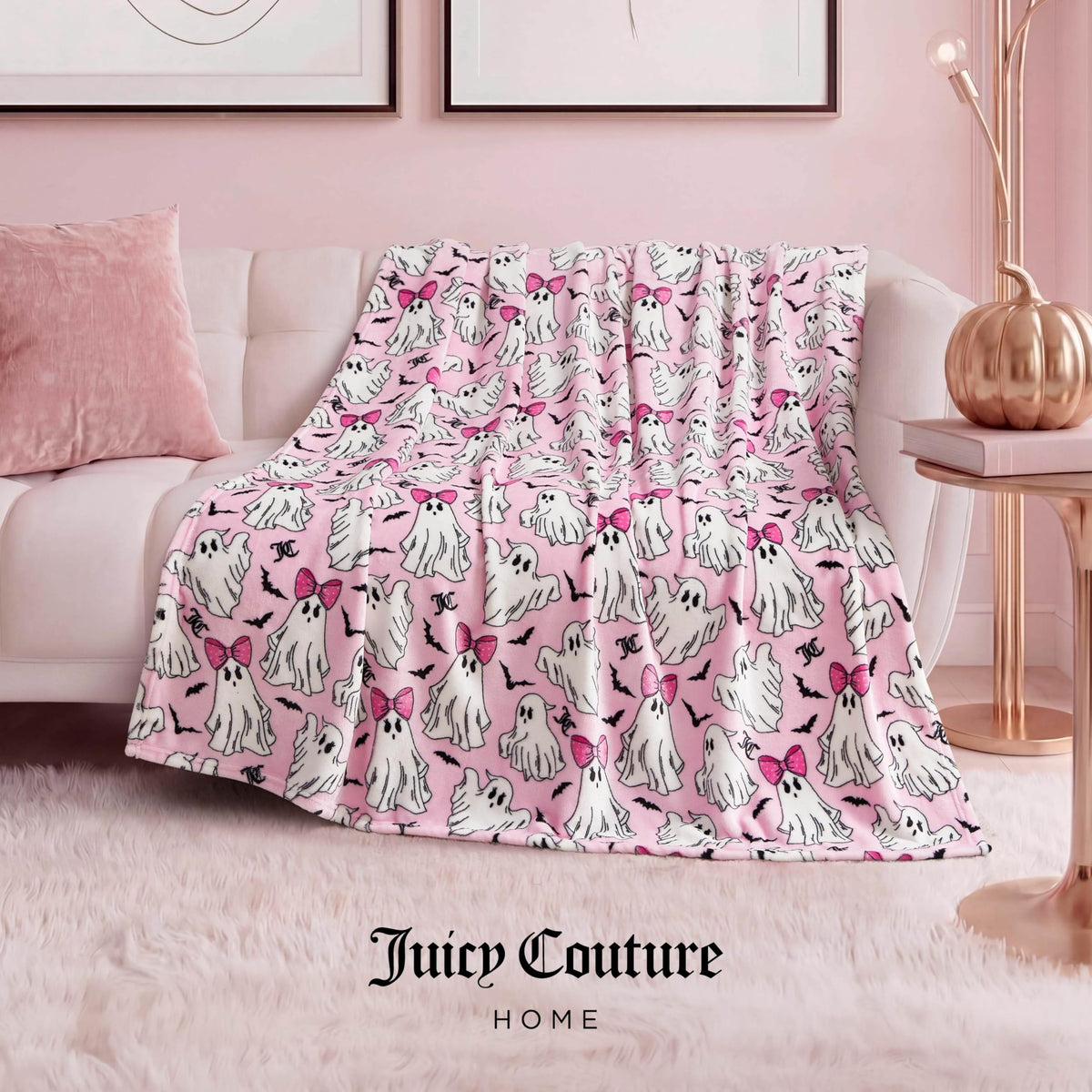Couverture en peluche Juicy Couture à motifs de fantômes girly pour Halloween, jeté décoratif doux en polyester pour canapé ou lit, rose clair, 50" x 60"