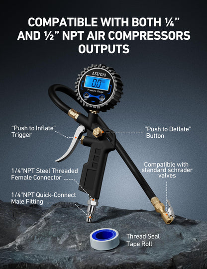 AstroAI Digital Tire Inflator with Pressure Gauge 250 PSI, Heavy Duty Air Compressor Accessory with Precision Air Chuck, Backlit LCD, 4 Unit Settings, Compatible with Car, Truck, SUV & Motorcycle