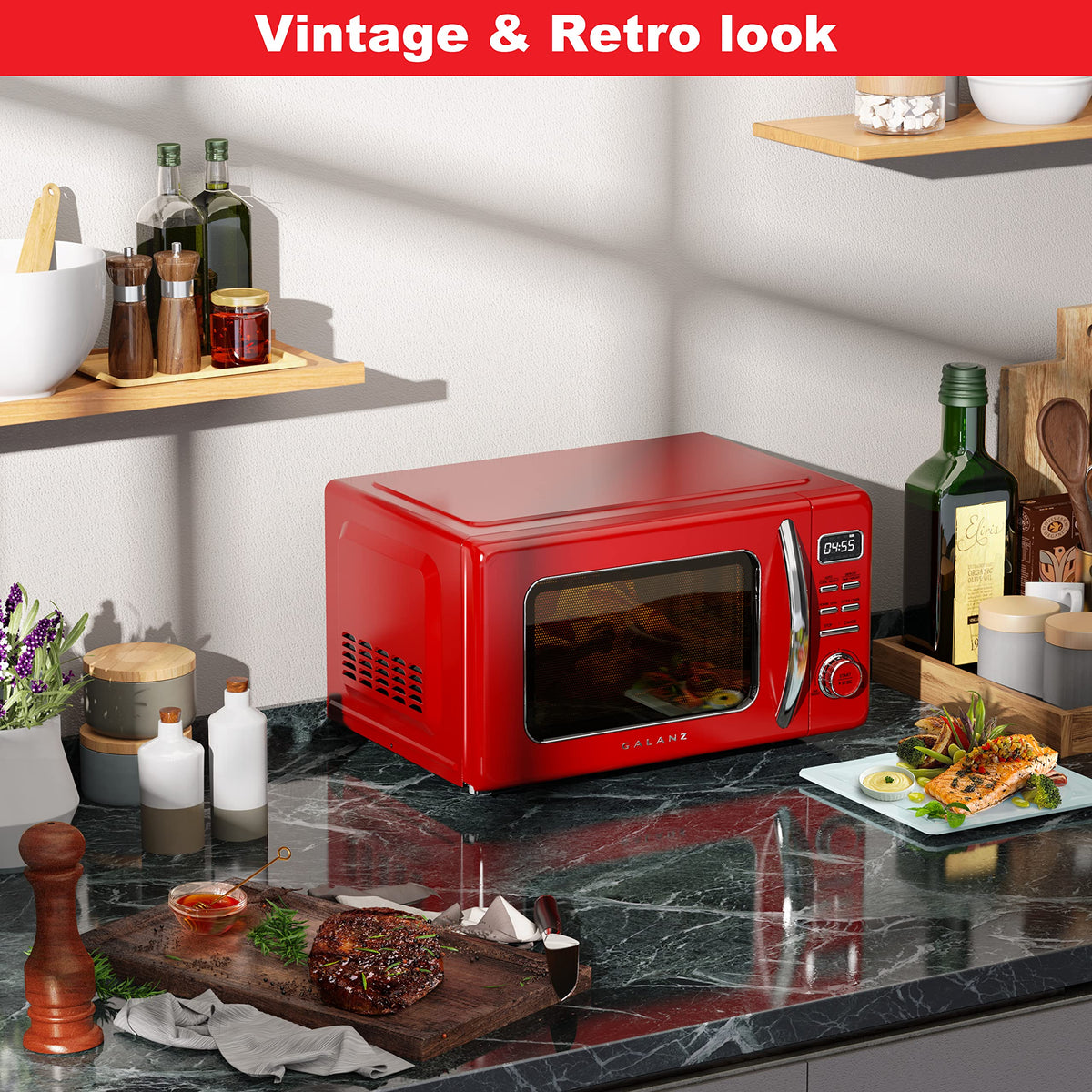 Galanz GLCMKZ07RDR07 Retro Countertop Microwave Oven with Auto Cook & Reheat, Defrost, Quick Start Functions, Easy Clean with Glass Turntable, Pull Handle,0.7 cu ft, Red