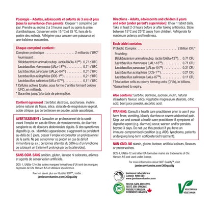 Jamieson Chewable Probiotic 2 Billion Active Cells Natural Strawberry Flavour, Family Friendly (3+), Supports Digestive Health. 5 Unique Strains, Including Lactobacillus and Bifidobacterium, Non-GMO, No Artificial Colours, Flavours, or Preservatives, 60 C - Available at All In One Marketplace Canada