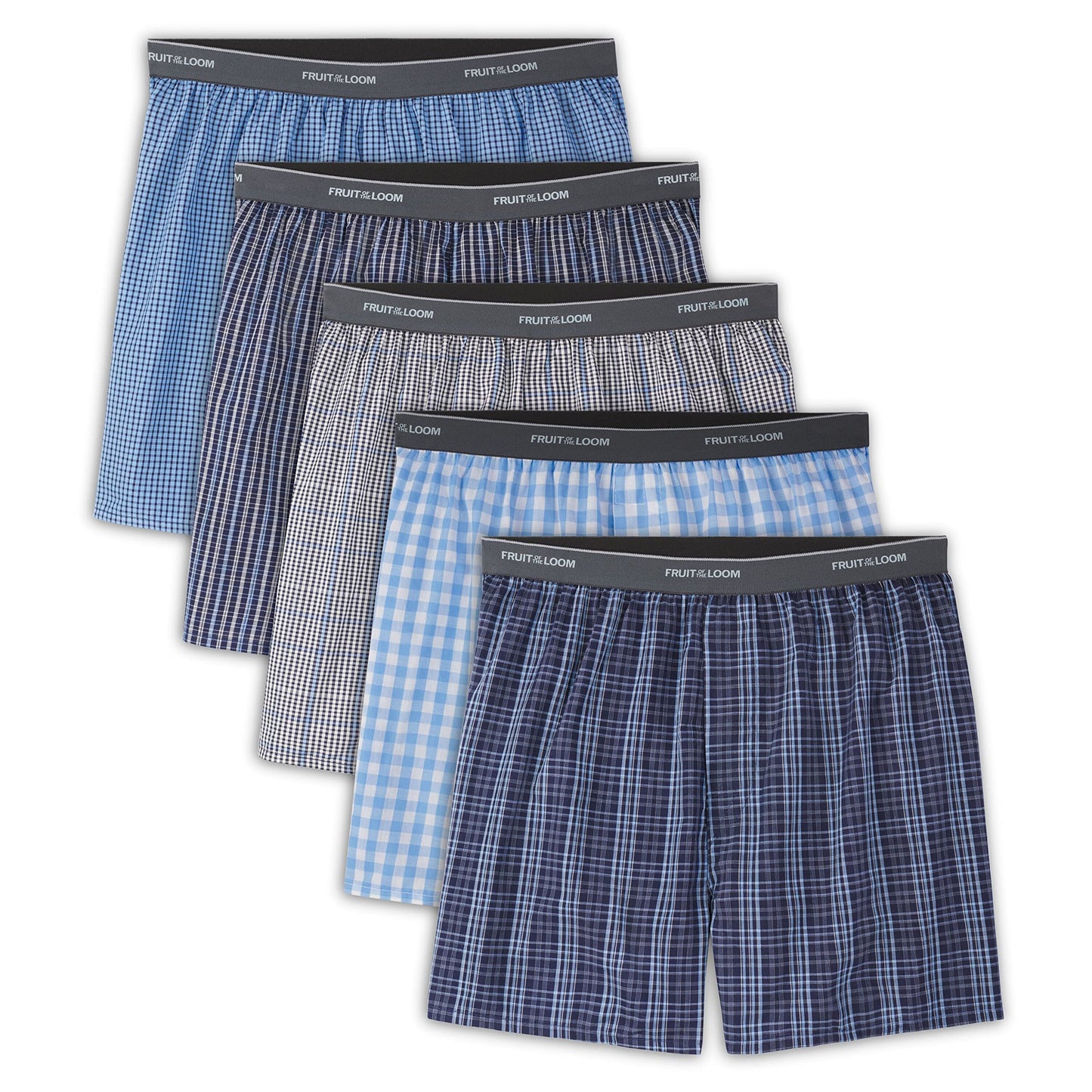 Fruit of the Loom Men's 5 Pack Exposed Waistband Assorted, Blues Boxer, Size Small