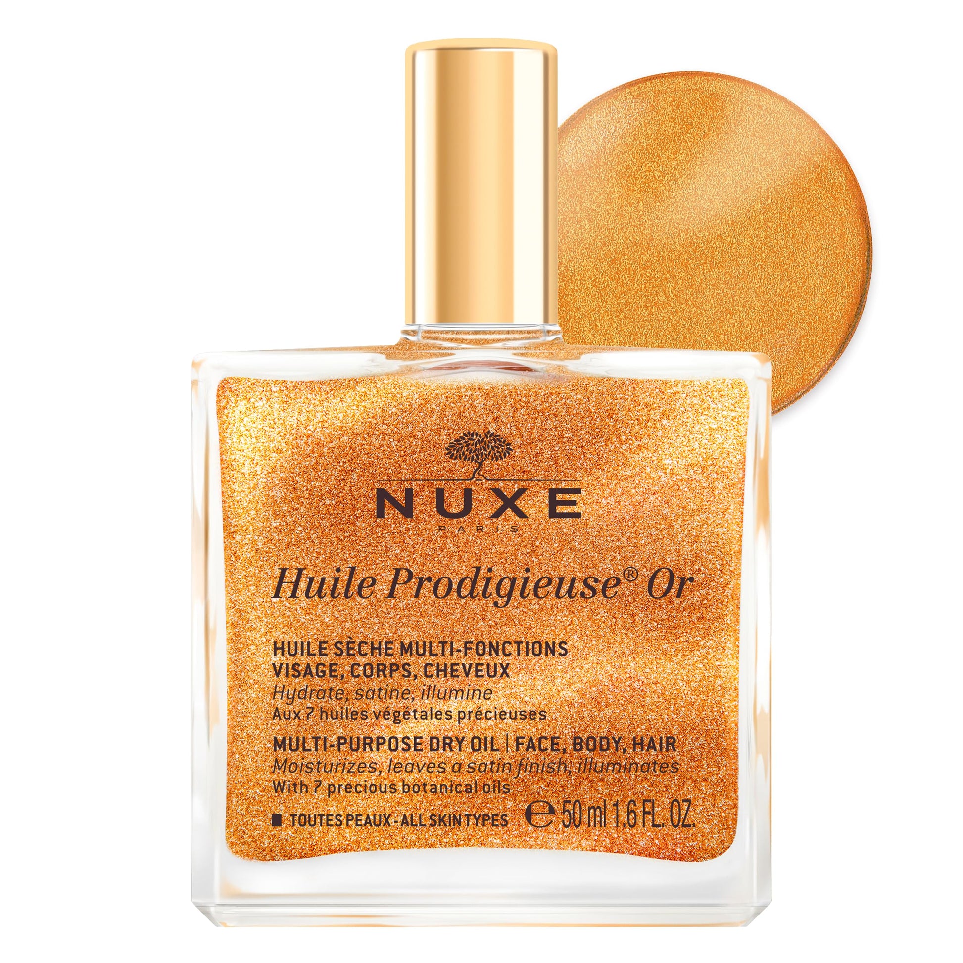 NUXE Huile Prodigieuse Shimmer Multi-Purpose Dry Oil - Luxurious Radiant Glow and Hydration for Face, Body & Hair (50 ml) Nuxe