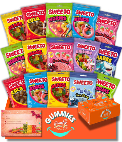 MunchyCravings Gummy Candy Variety Box (16 Packs, Up to 8 Flavours) – Snack Box with Sweet & Sour Gummies – Candy Gift Box for Men, Women, Kids & Adults – Care Package for Birthdays, Christmas & Halloween 🍁 All In One Marketplace Canada