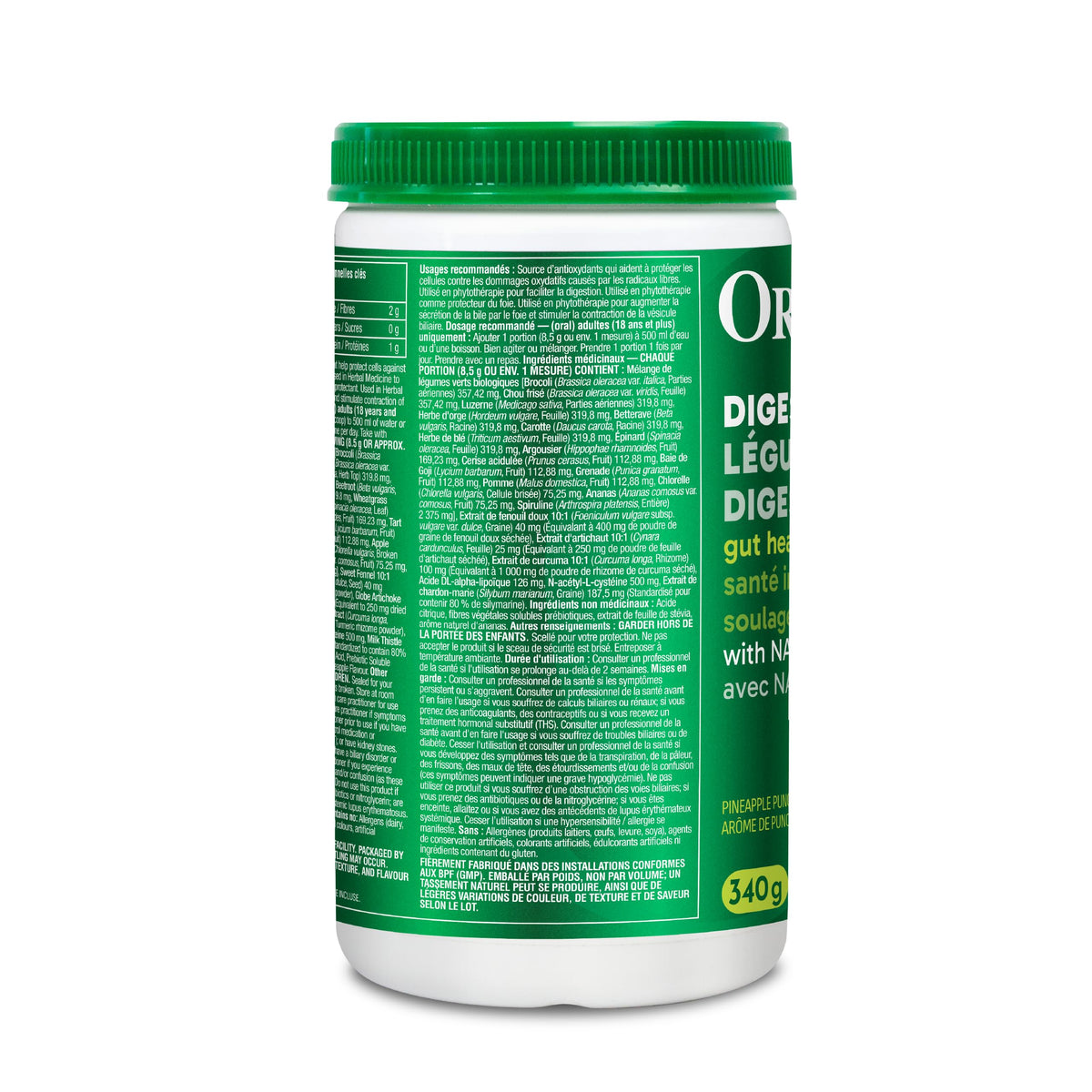 Organika Canadian-Made Digest Greens for Gut Health + Bloat Relief- Organic Greens Powder with NAC and Milk Thistle- Detox, Antioxidants, Digestion and Liver Support - Pineapple Punch Flavour- 340g