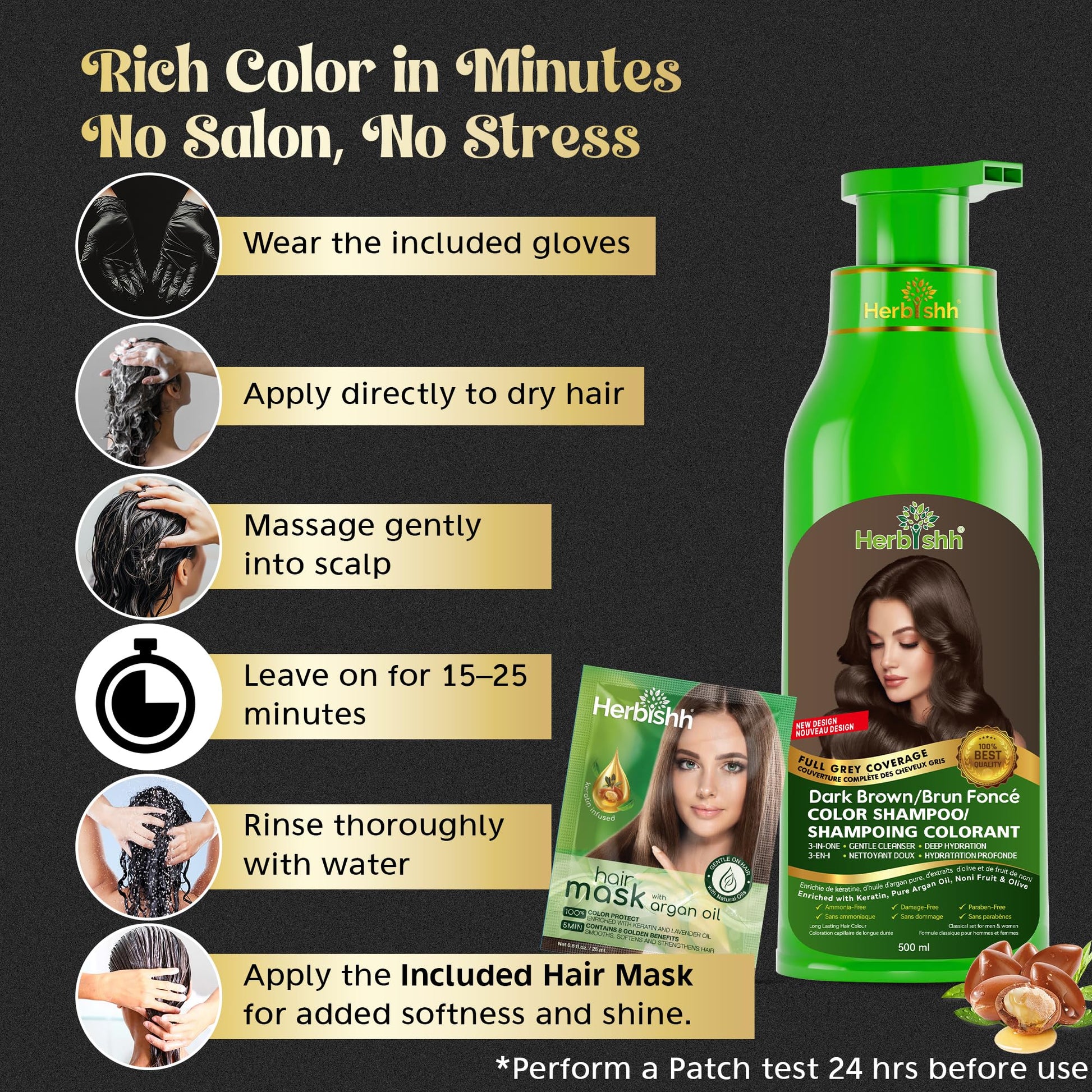 Herbishh Dark Brown Hair Dye Shampoo (500 mL), 3 in 1 Demi Permanent Hair Color Shampoo for Grey Coverage in 20-25 Minutes, Ideal for Women & Men. Ammonia-Free