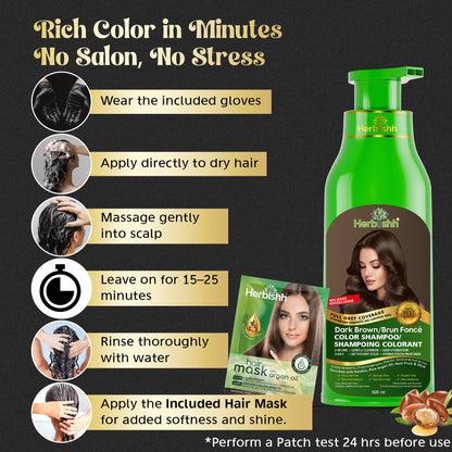 Herbishh Dark Brown Hair Dye Shampoo (500 mL), 3 in 1 Demi Permanent Hair Color Shampoo for Grey Coverage in 20-25 Minutes, Ideal for Women & Men. Ammonia-Free