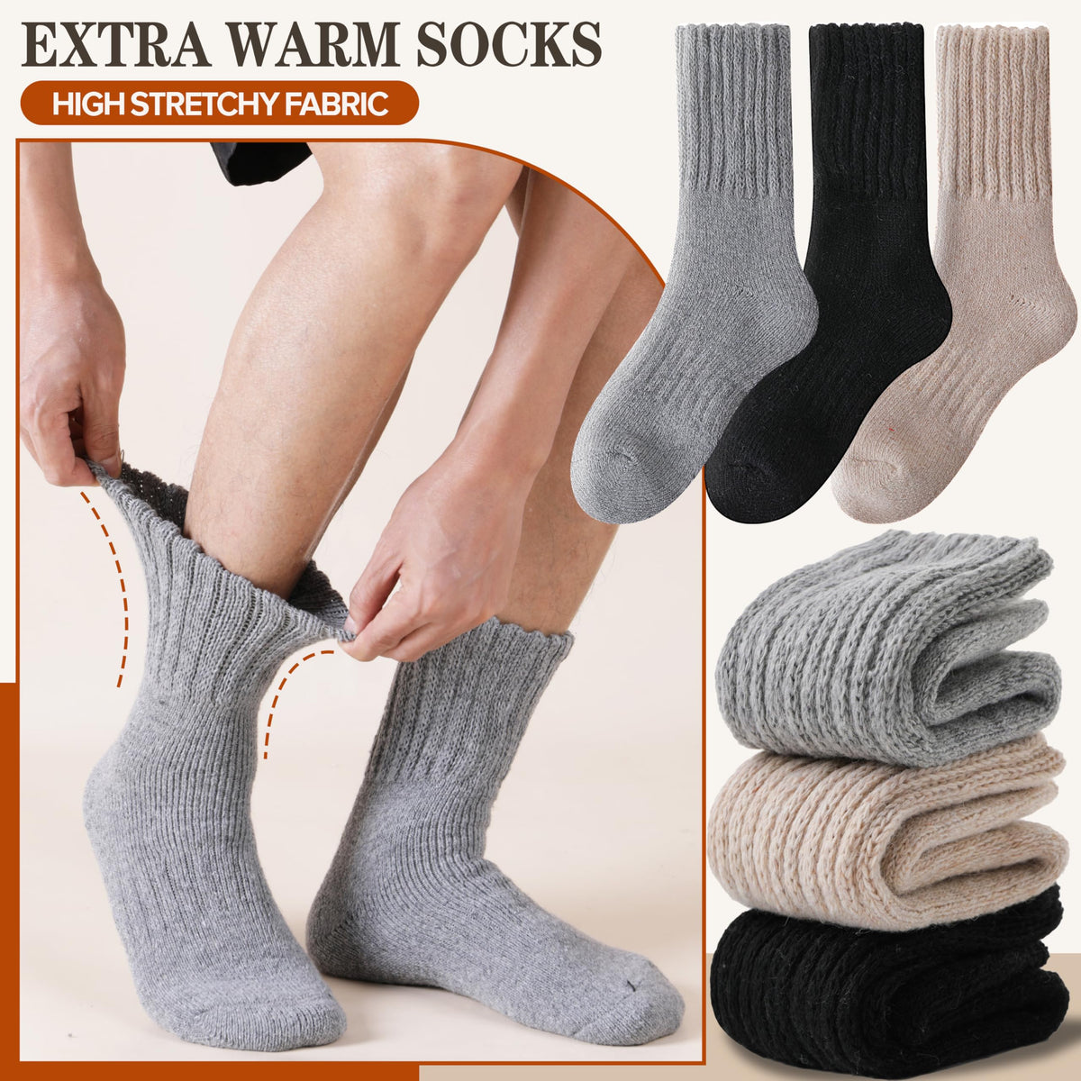 Merino Wool Thermal Boot Socks for Men Women Warm Thick Winter Hiking Cozy Christmas Stocking Stuffers Socks 3 Pairs(Beige/Black/Grey,M) 🍁 All In One Marketplace Canada