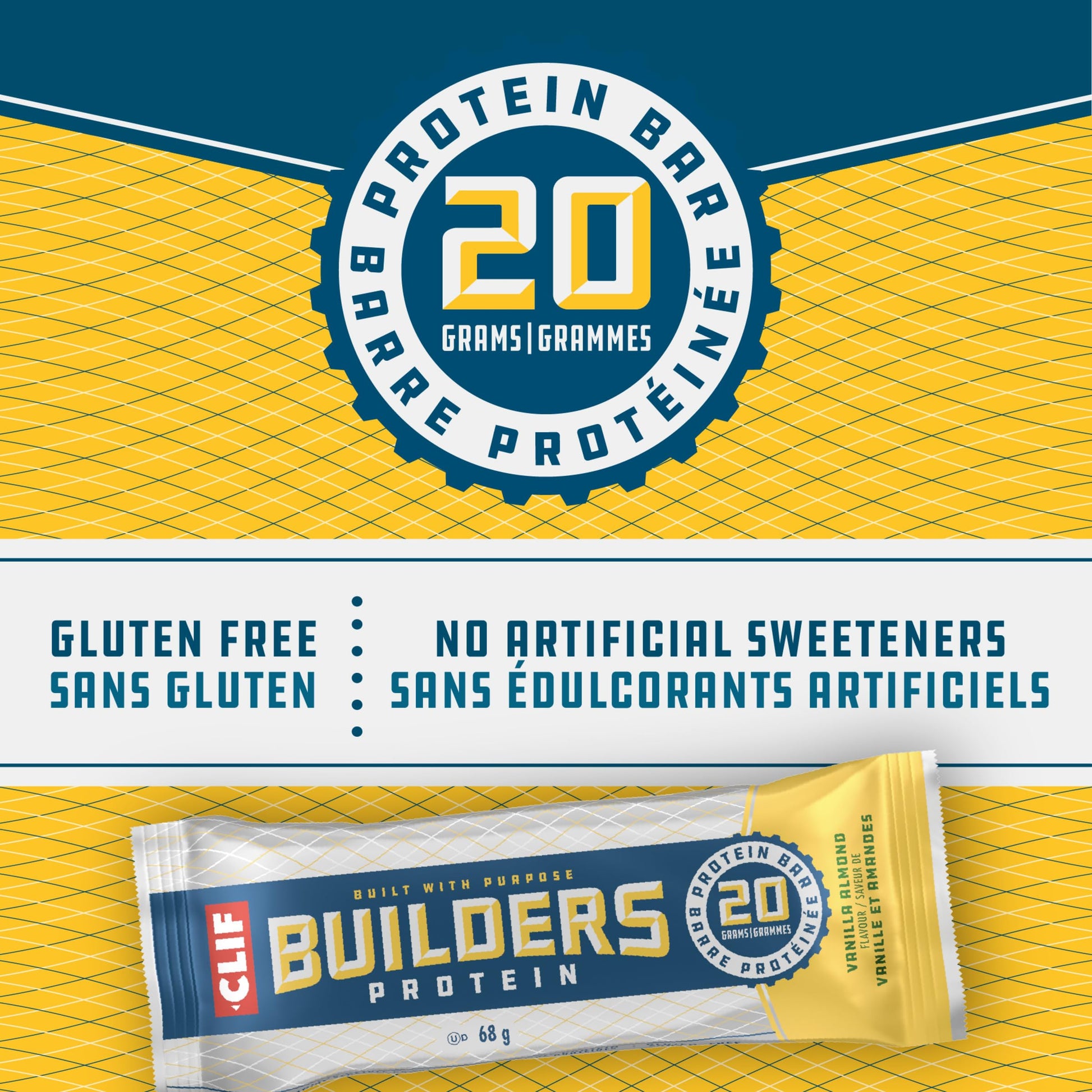 CLIF BUILDERS Vanilla Almond Protein Bars - 20g Plant Protein, Gluten Free, Non-GMO, Made in Canada, 68g Bar (12 Count)