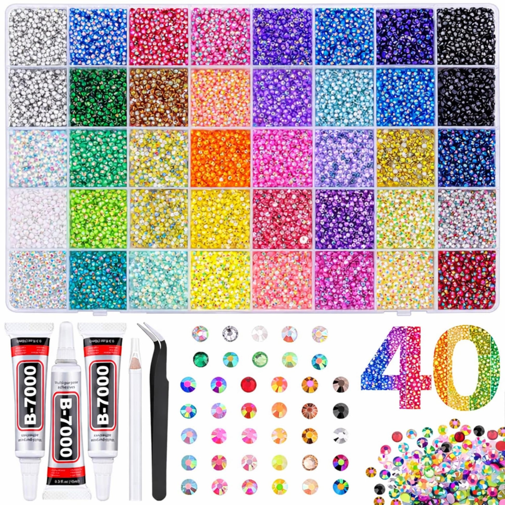 KCZ GROUP 40 Colors Resin Jelly Rhinestones for Crafting, 3mm Flatback Gems, 32000 Pieces with B7000 Glue, Bedazzling Kit for Clothing, Shoes, Nail Art, Diamond Art - Available at All In One Marketplace Canada