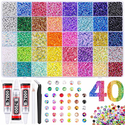 KCZ GROUP 40 Colors Resin Jelly Rhinestones for Crafting, 3mm Flatback Gems, 32000 Pieces with B7000 Glue, Bedazzling Kit for Clothing, Shoes, Nail Art, Diamond Art - Available at All In One Marketplace Canada