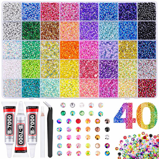 KCZ GROUP 40 Colors Resin Jelly Rhinestones for Crafting, 3mm Flatback Gems, 32000 Pieces with B7000 Glue, Bedazzling Kit for Clothing, Shoes, Nail Art, Diamond Art - Available at All In One Marketplace Canada
