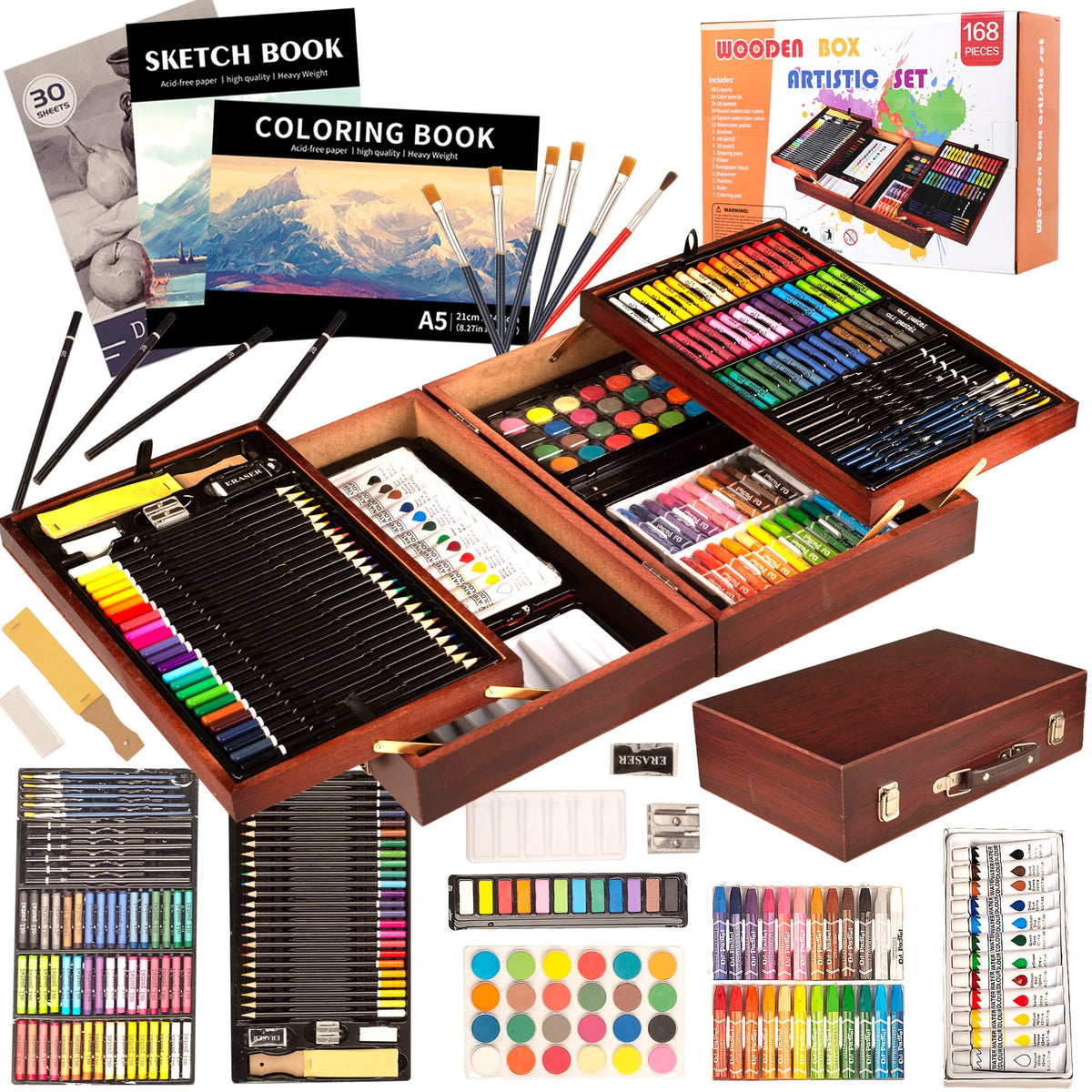 KINSPORY Art Supplies, 168-Pack Deluxe Creative Christmas Gift, Wooden Art Set Crafts Drawing Painting Coloring Kit with 1 Coloring Book, 2 Sketch Pads for Artist Beginners Kids Girls Boys (Deep Brown) 🍁 All In One Marketplace Canada