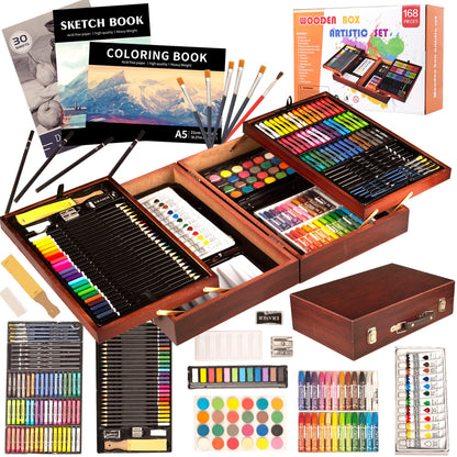 KINSPORY Art Supplies, 168-Pack Deluxe Creative Christmas Gift, Wooden Art Set Crafts Drawing Painting Coloring Kit with 1 Coloring Book, 2 Sketch Pads for Artist Beginners Kids Girls Boys (Deep Brown) 🍁 All In One Marketplace Canada
