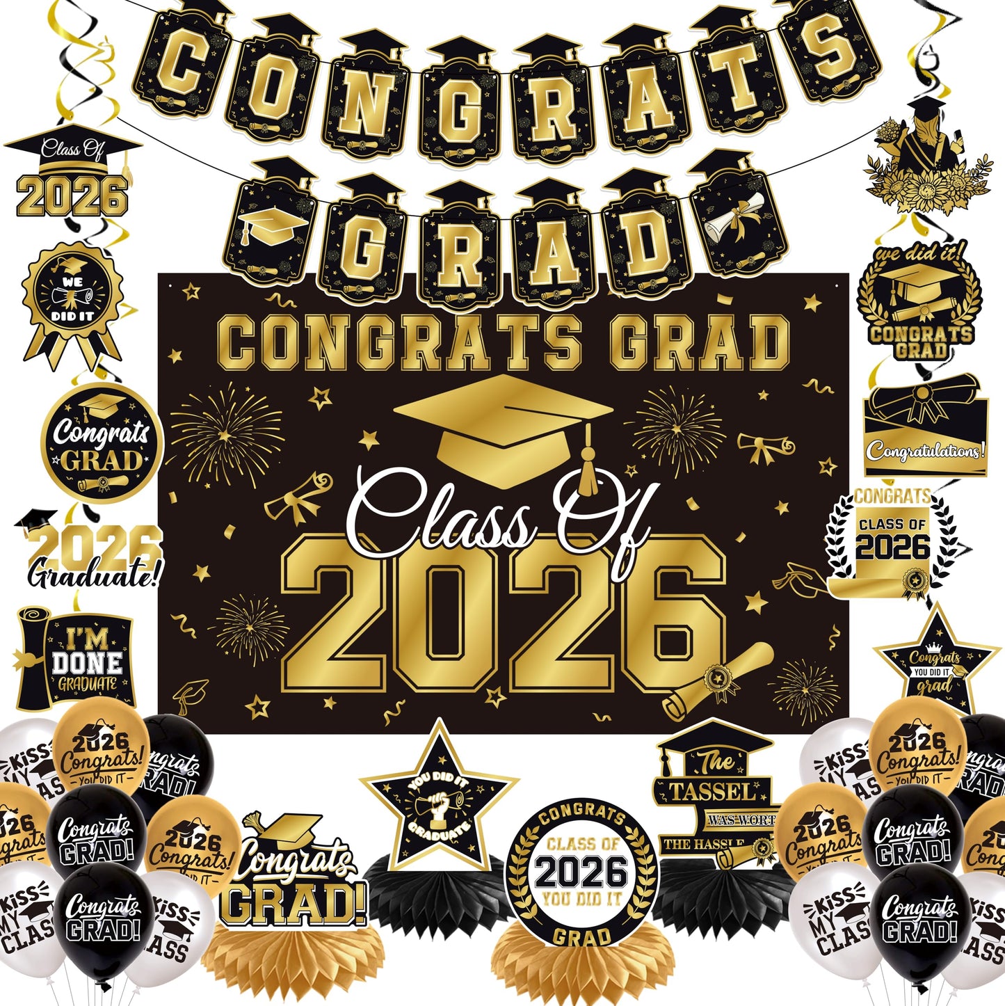 Graduation Decorations 2026 Black Gold 35PCS, Pre-Strung Congrats Grad Banner, Class of 2026 Backdrop, Balloons, Hanging Swirls, Graduation Party Decorations,PRE-ASSEMBLED - Available at All In One Marketplace Canada